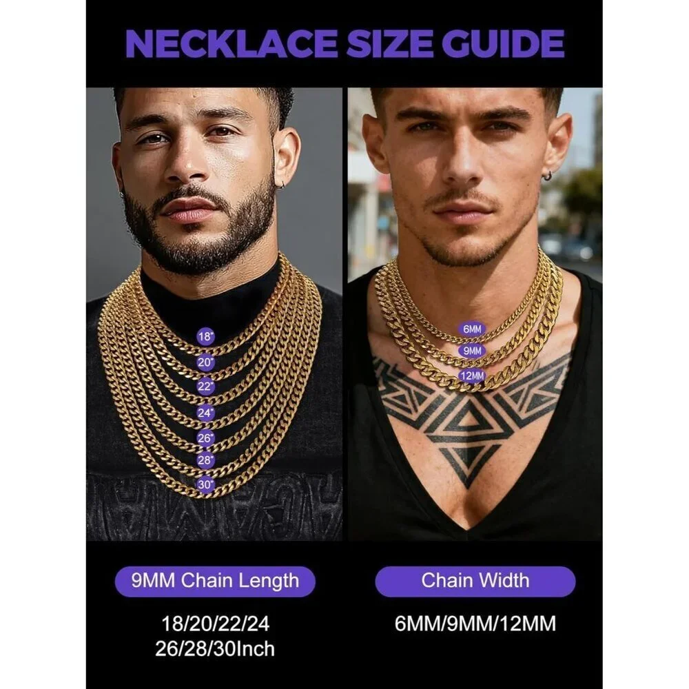 Men's 9MM Width-Gold Stainless Steel Miami Cuban Curb Link Chain Necklace